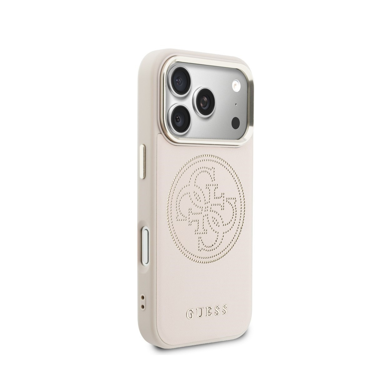 Una custodia beige per iPhone con logo Guess in rilievo e foro fotocamera.