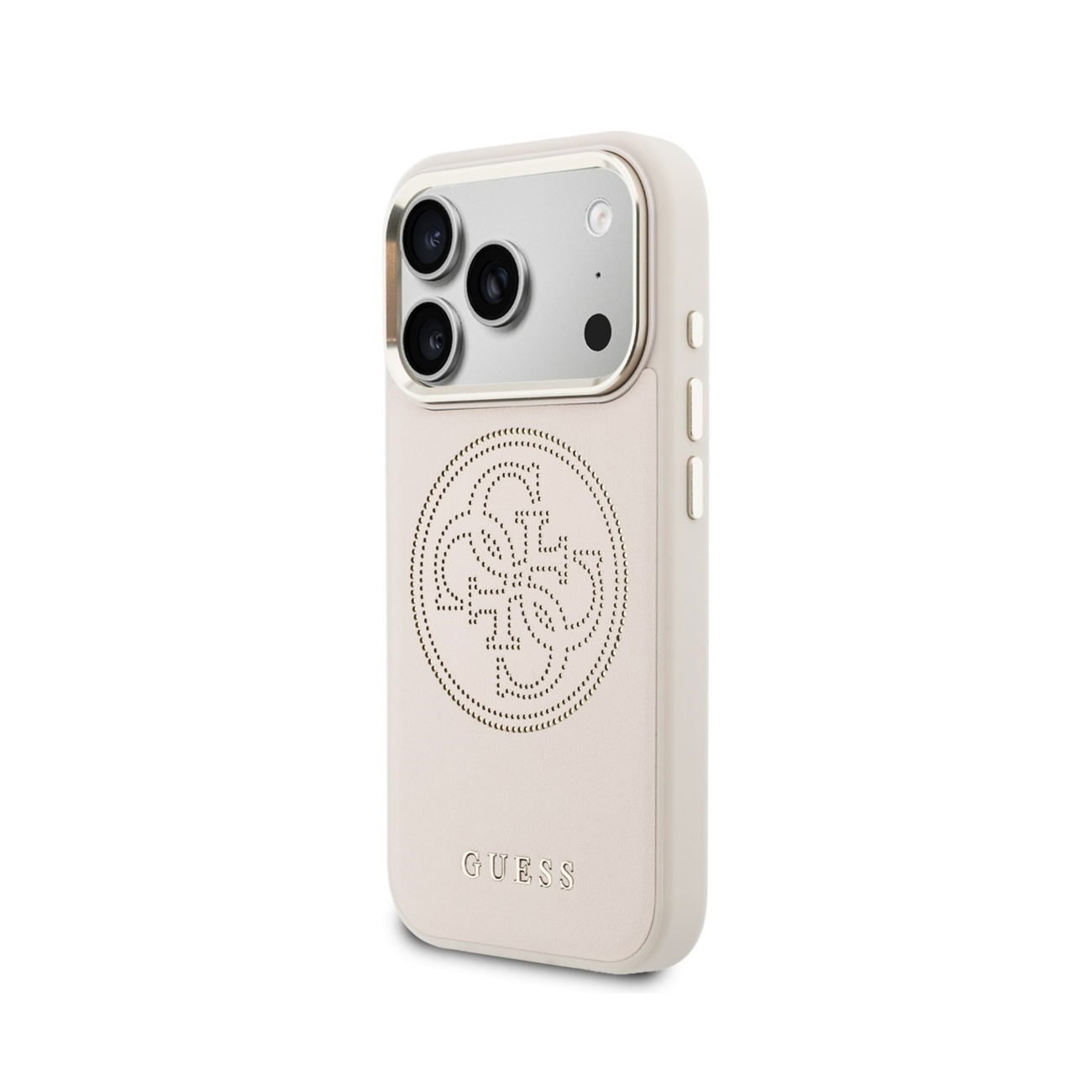 Custodia chiara per iPhone con triplo foro fotocamera e logo Guess.