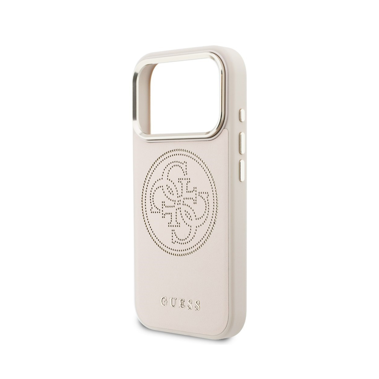 Una custodia per telefono beige chiaro con logo GUESS e finiture argentate.