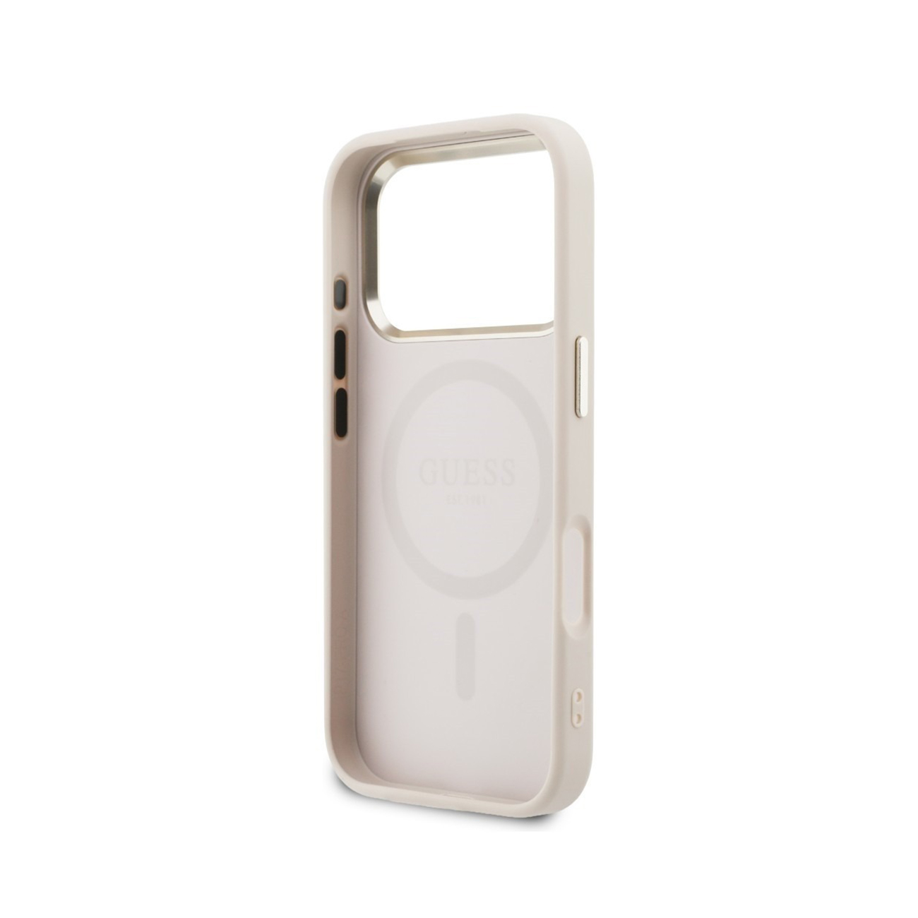 Una cover per telefono trasparente color chiaro con logo GUESS e cerchio magnetico.