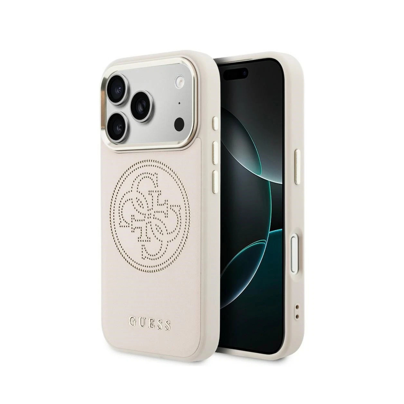 Una custodia per telefono color crema con logo Guess, accanto a uno smartphone.
