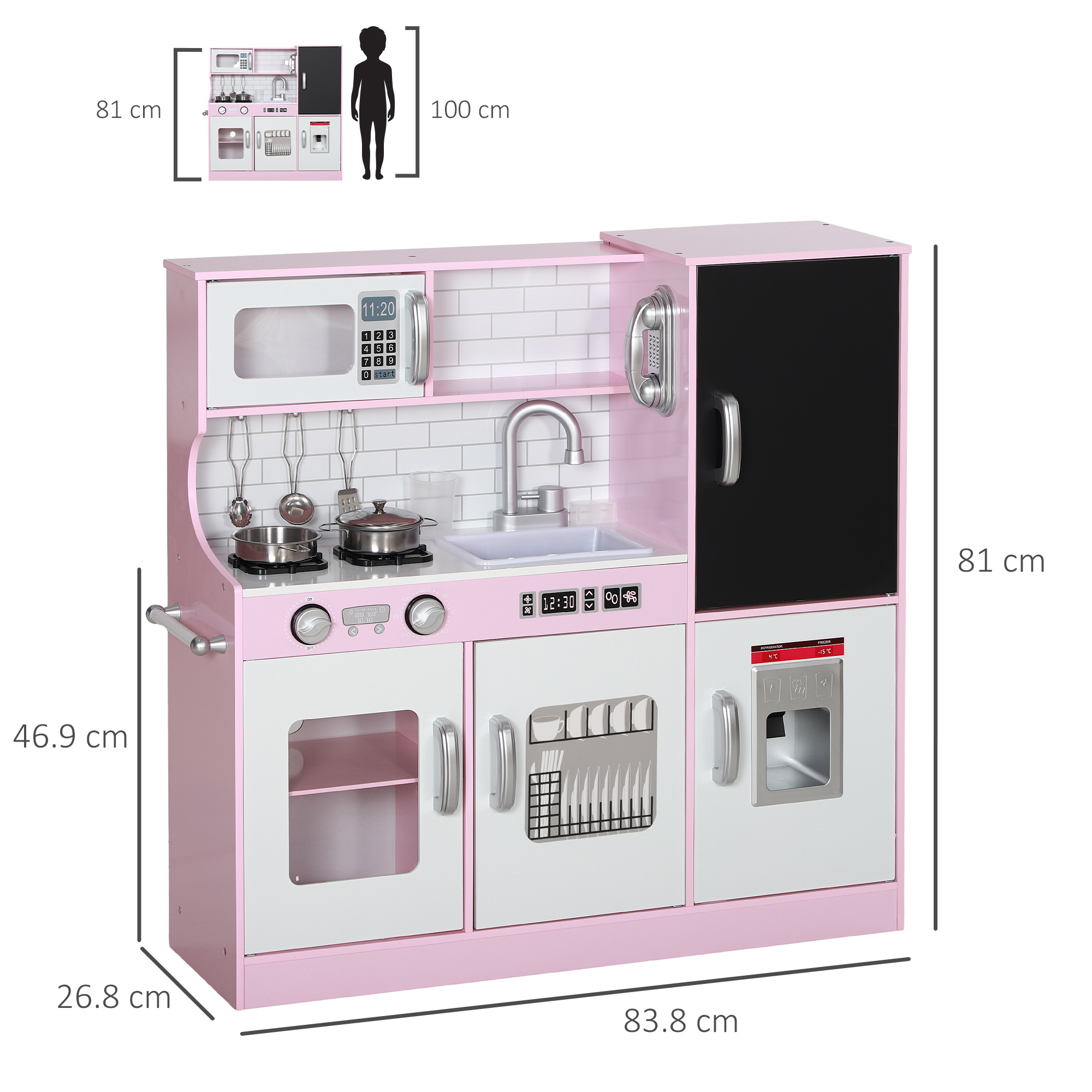 Cucina giocattolo rosa con microonde, fornelli, lavello e frigorifero.