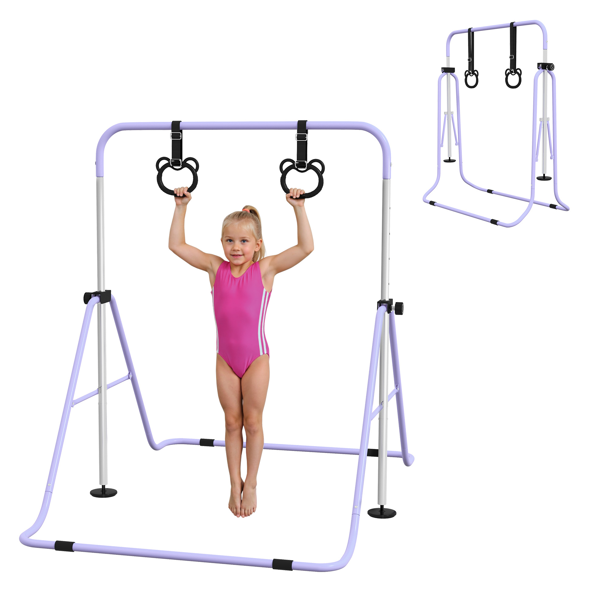 Una bambina in body rosa si appende agli anelli su una barra da ginnastica lilla.