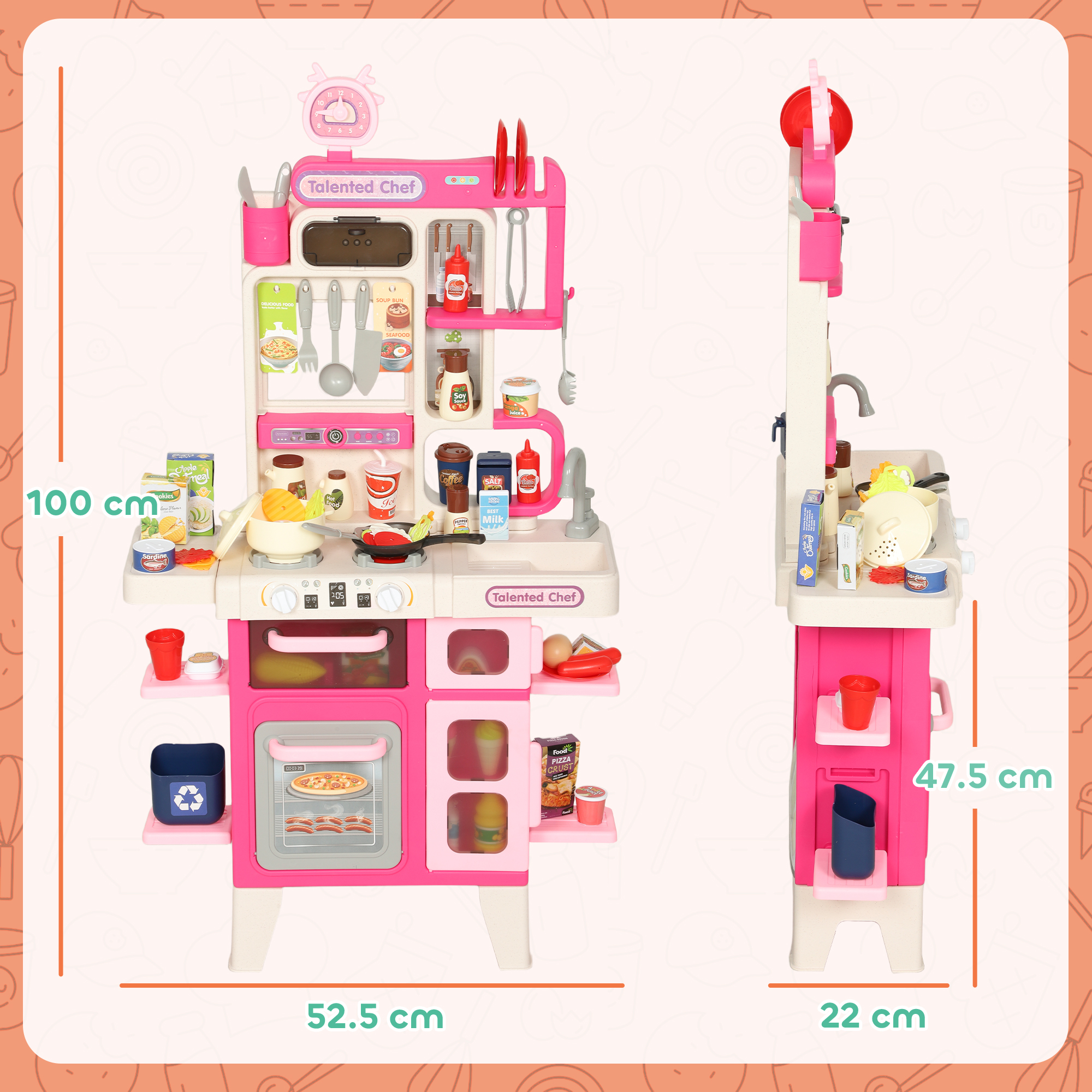 Cucina giocattolo rosa con accessori, dimensioni 100x52,5x22 cm.