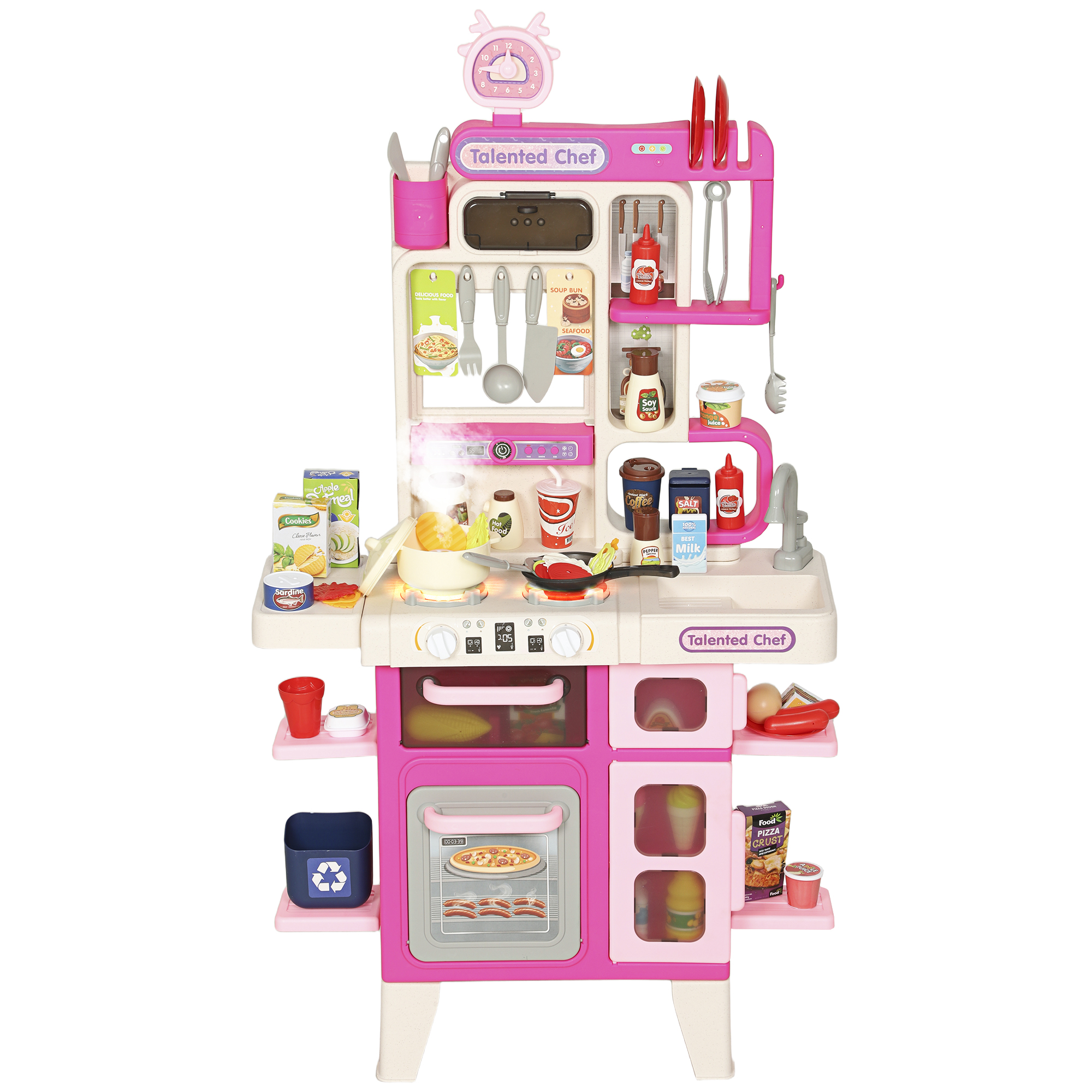 Una cucina giocattolo rosa con utensili, cibo e un forno.
