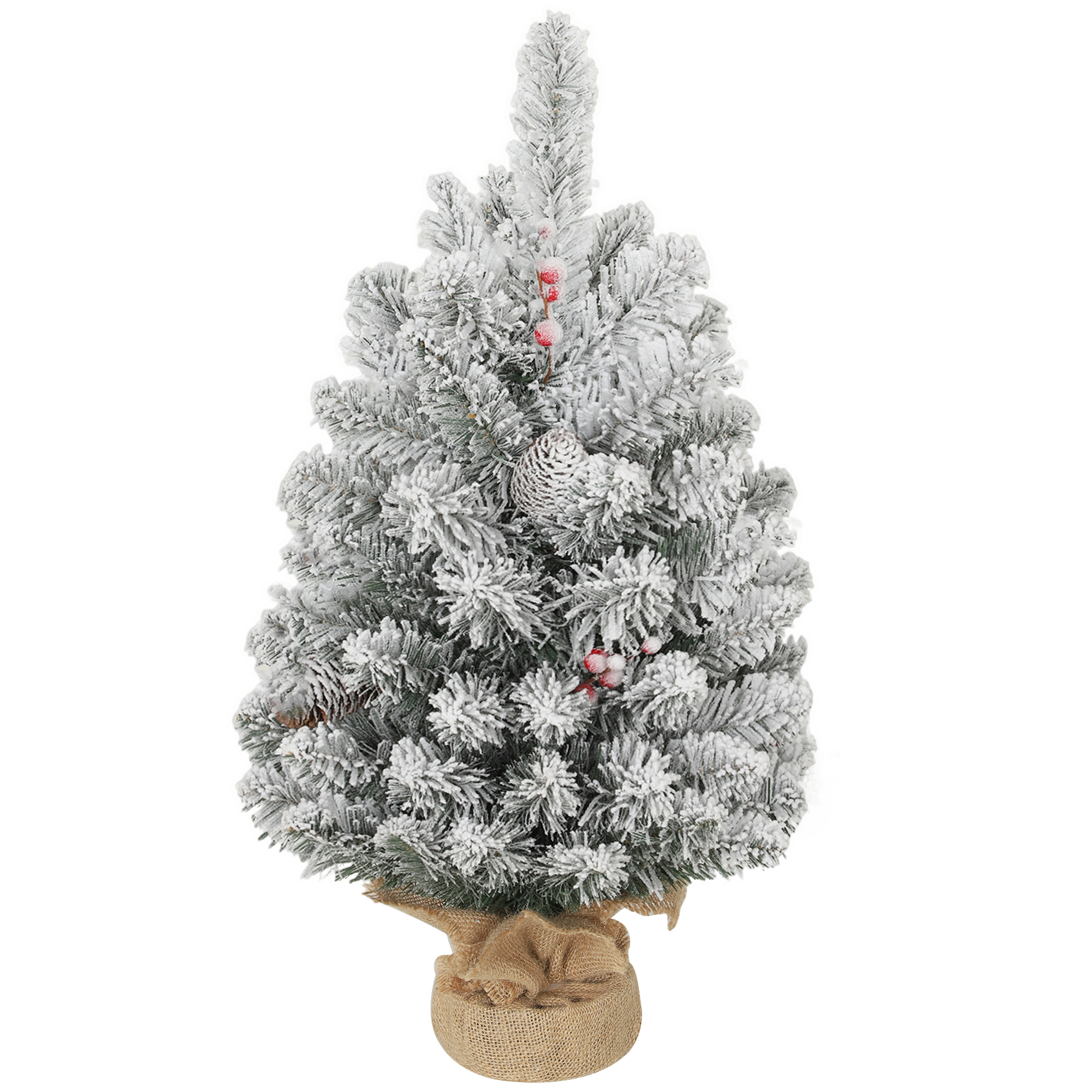 Un piccolo albero di Natale artificiale spolverato di neve artificiale, con pigne.