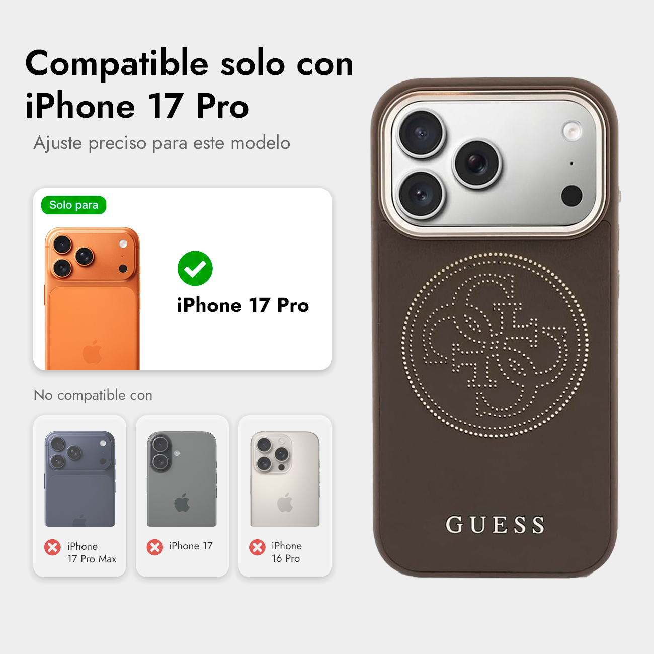 Funda marrón GUESS iPhone 17 Pro con logo. Compatible con iPhone 17 Pro.
