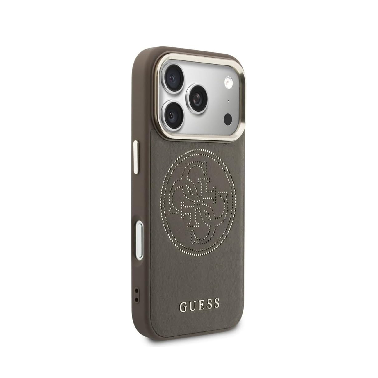 Funda gris para teléfono con recorte de cámara y logo GUESS.
