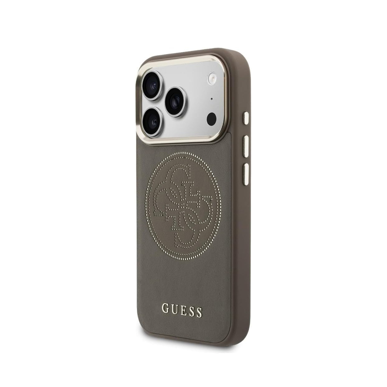 Funda gris para teléfono con logo de Guess y tres lentes de cámara.