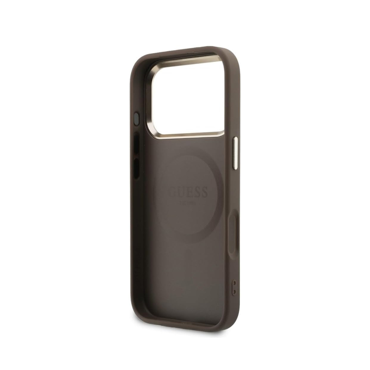 Funda de teléfono gris oscuro con logo GUESS sobre fondo blanco.