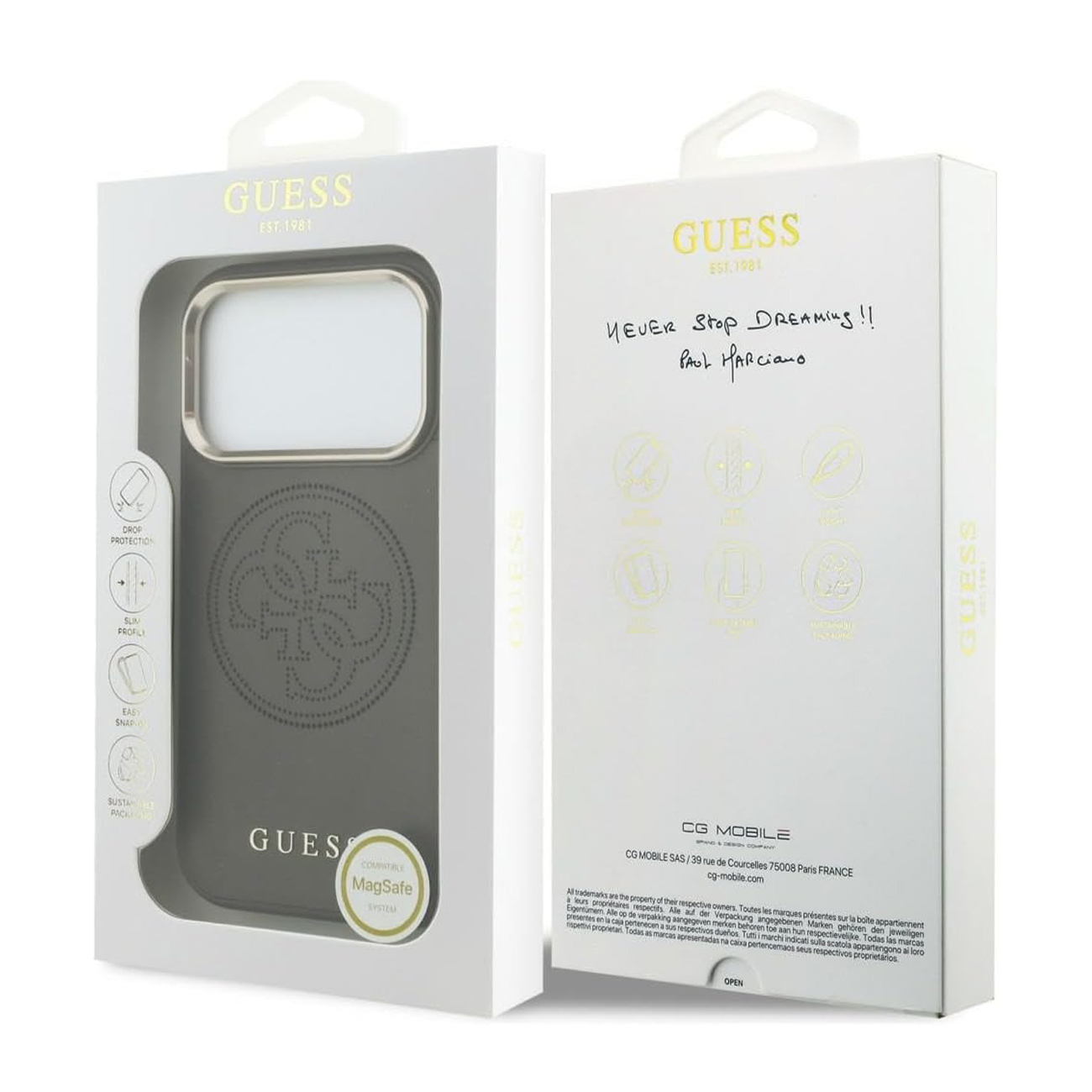 Funda Guess en caja, con logo Guess y compatibilidad MagSafe.