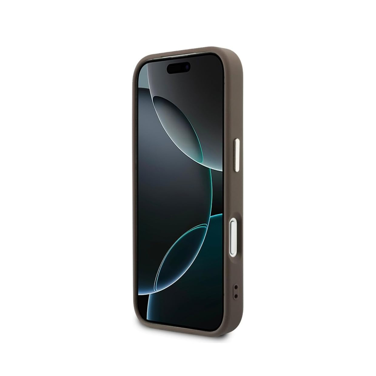 Una funda gris para iPhone con pantalla oscura y acentos circulares.
