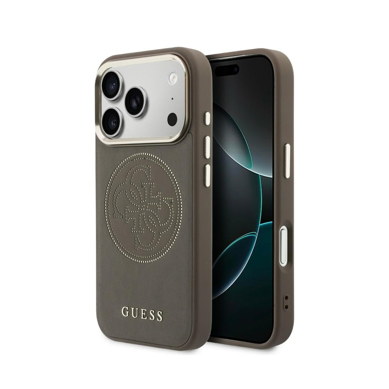 Funda de teléfono gris con logo de Guess y bisel plateado.