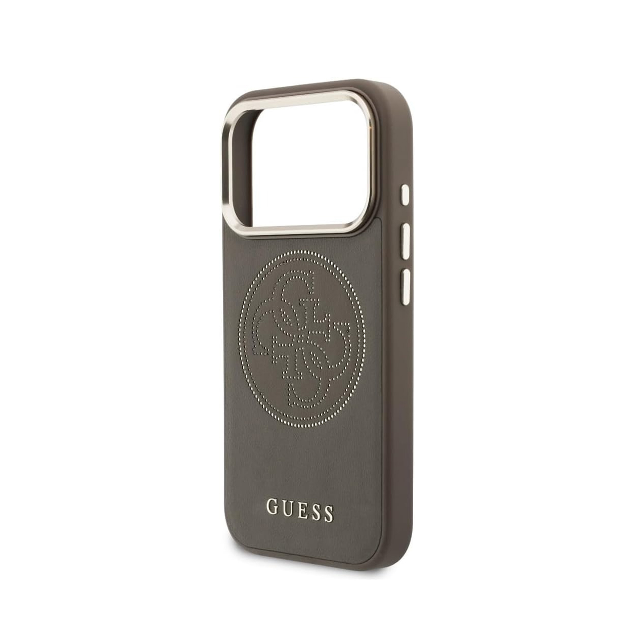 Funda de teléfono gris oscuro con logo GUESS y borde plateado.