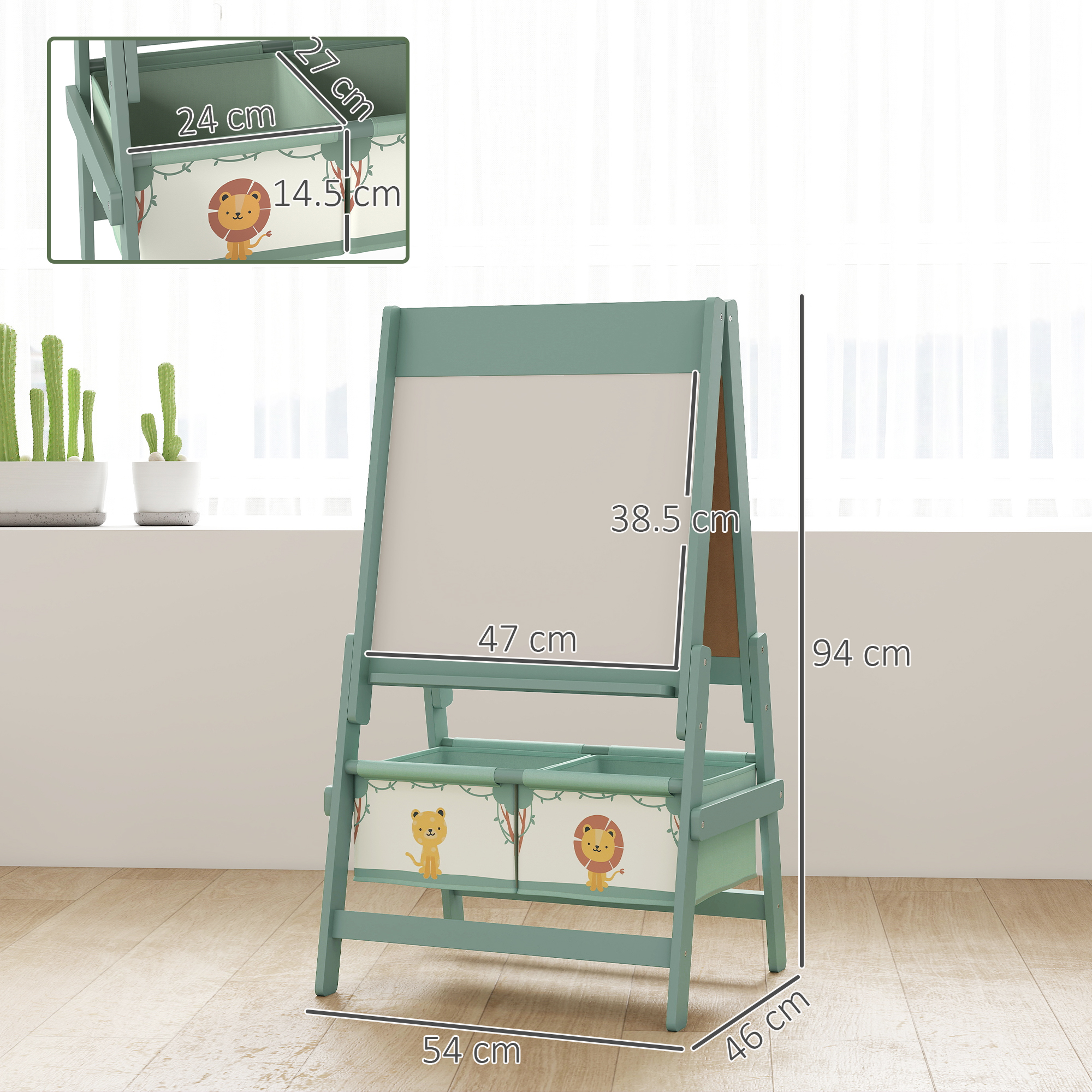 Cavalletto verde con due cesti a tema leone e dimensioni.
