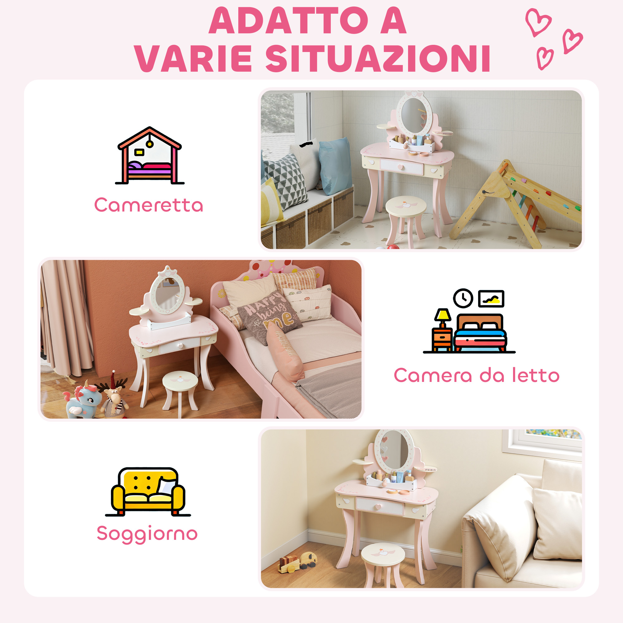 Set cameretta: toeletta, letto, giocattoli. Adattabile a varie stanze.