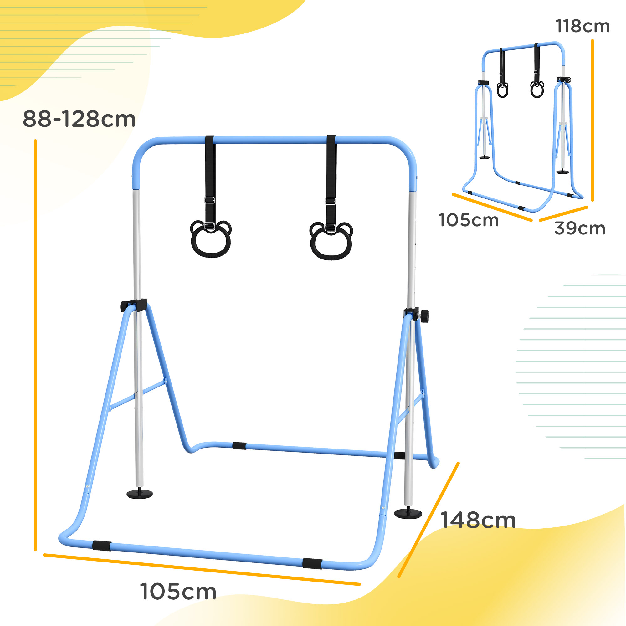 Struttura blu per ginnastica infantile, alta 88-128cm e larga 105cm.