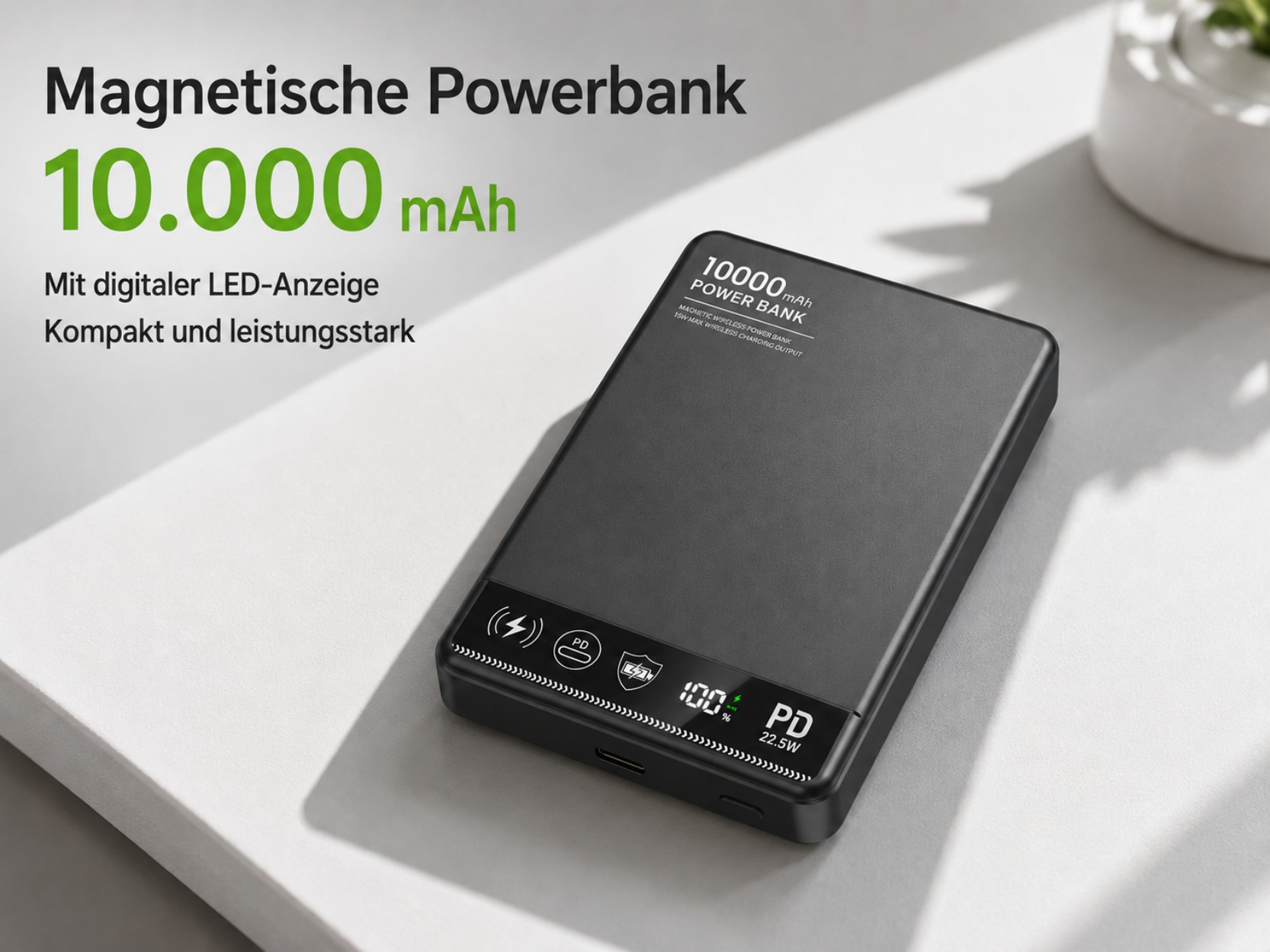 Schwarze Powerbank mit 10.000 mAh, digitaler Anzeige und PD 22.5W.