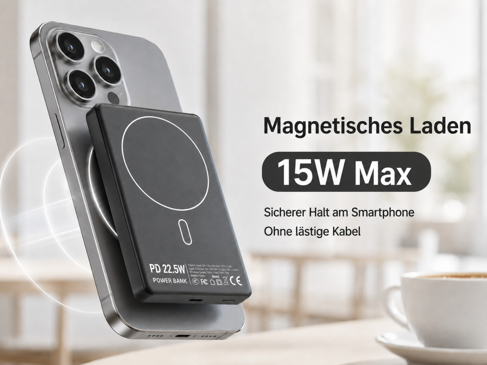 Schwarzes Handy-Ladegerät, magnetisch an einem silbernen Smartphone befestigt.