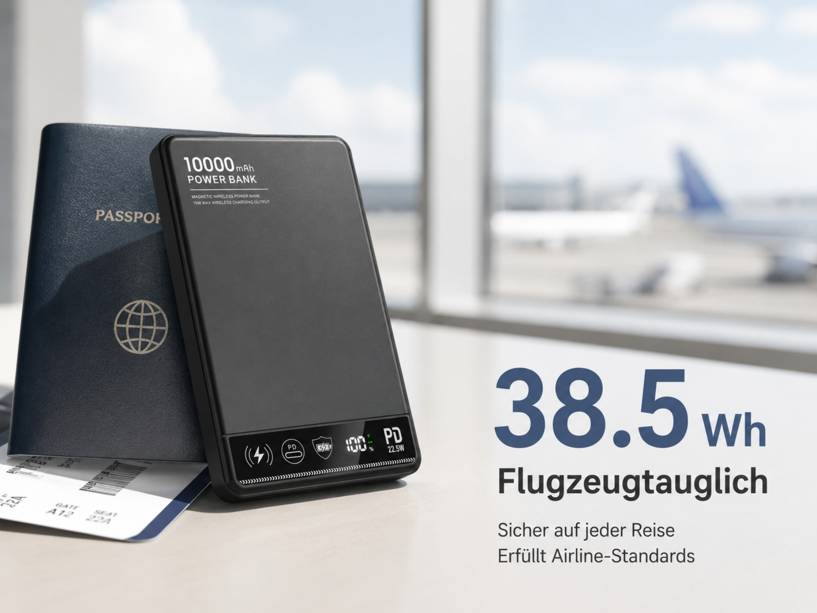 Schwarze Powerbank, Reisepass und Flugticket liegen nebeneinander. Im Hintergrund ein Flughafen.