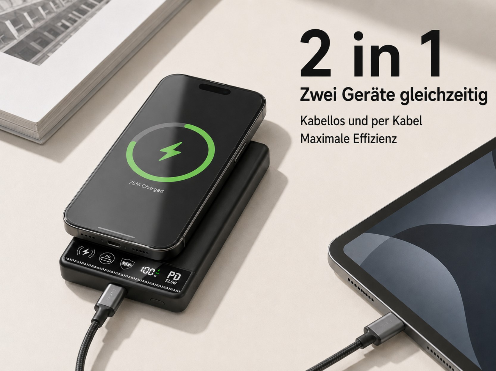 Ein Smartphone lädt kabellos auf einem Powerbank, ein Tablet wird per Kabel geladen.