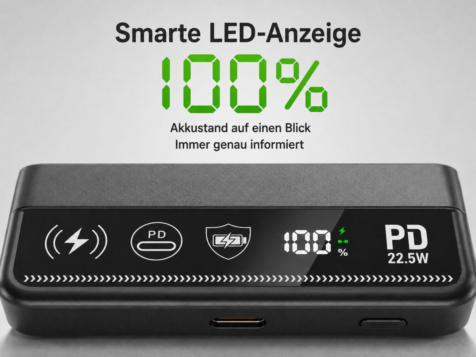 Schwarzes Ladegerät mit LED-Anzeige für 100% Akku, PD und 22.5W.