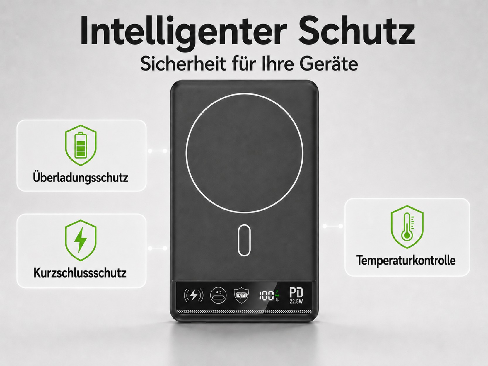 Ein schwarzes Ladegerät mit Symbolen für Überladungs-, Kurzschluss- und Temperaturkontrolle.