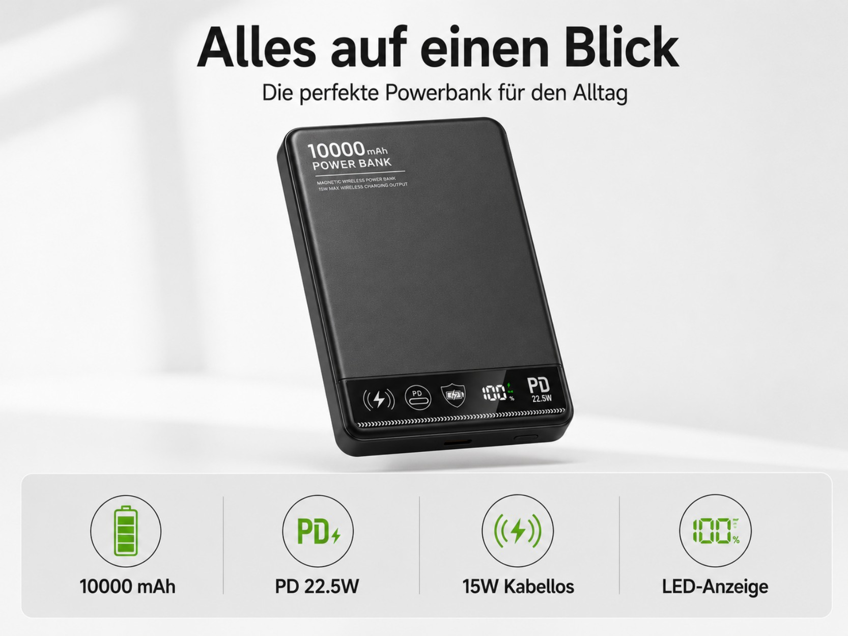 Schwarzes Powerbank mit 10000 mAh Kapazität, PD 22,5W, 15W kabellos, LED-Anzeige.
