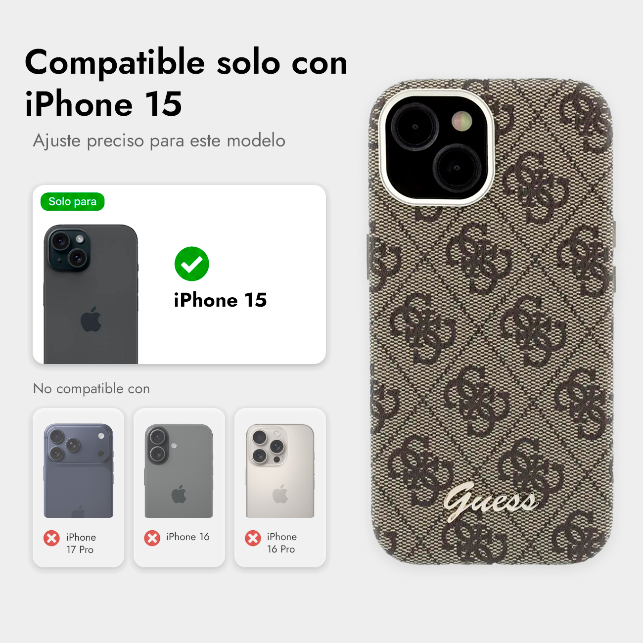 Funda Guess marrón para iPhone 15 con patrón de logo y corte para cámara.
