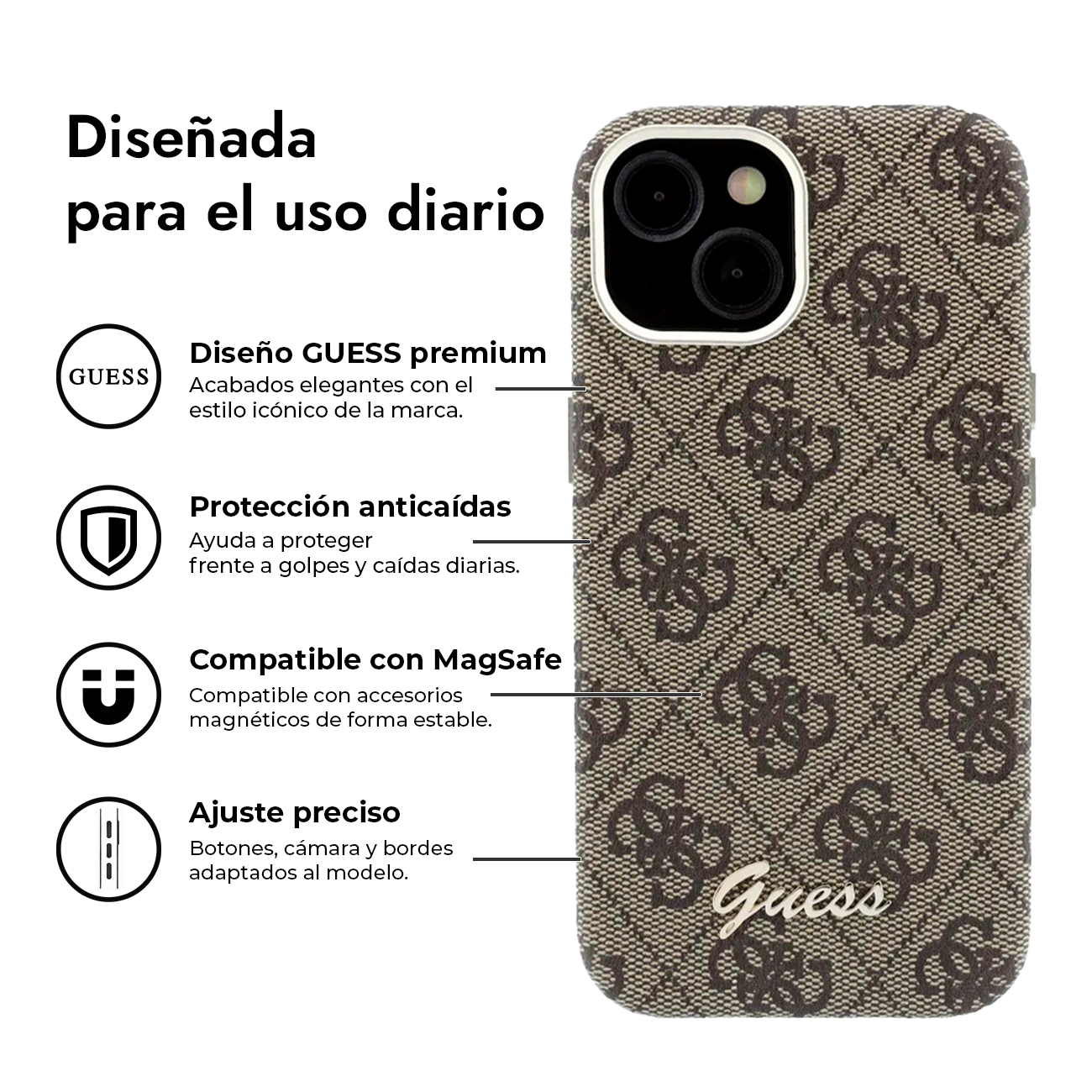 Funda de teléfono Guess marrón con estampado de monograma y apertura de cámara.
