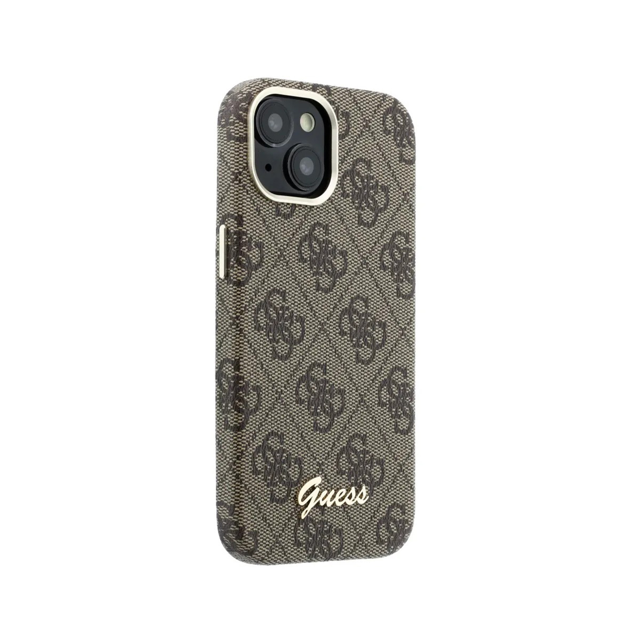 Funda marrón Guess para teléfono con patrón de logo y dos lentes.