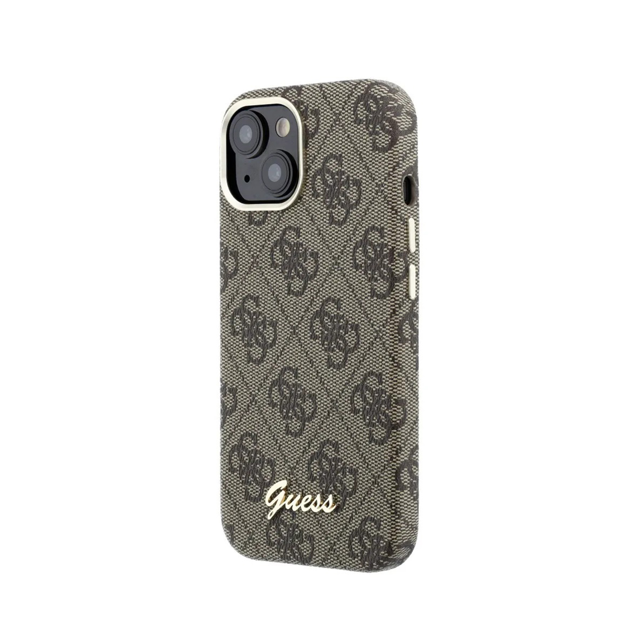 Una funda de teléfono marrón con patrón de logo Guess repetido y letras doradas.