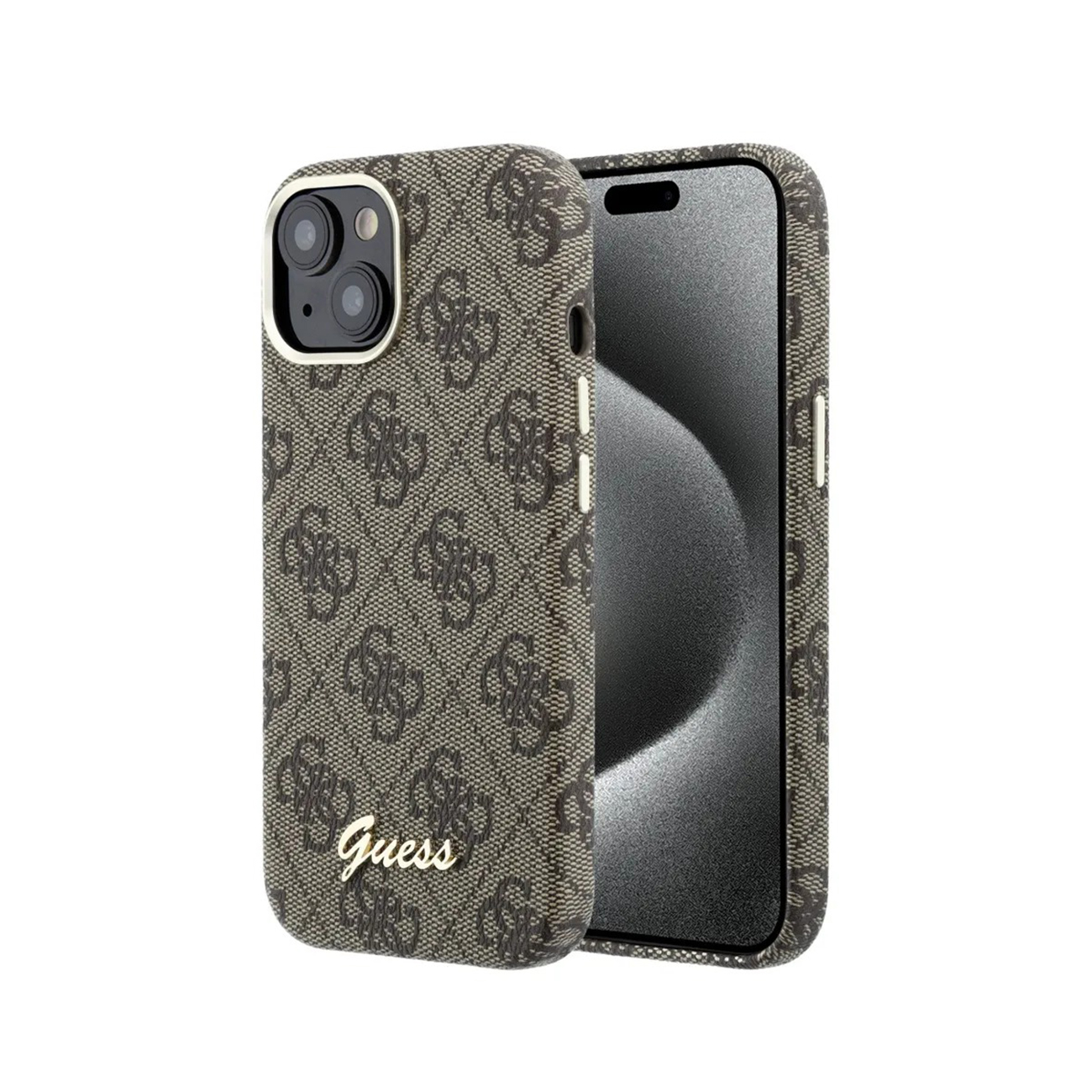 Funda de teléfono marrón con patrón de logo GUESS y letras doradas Guess.