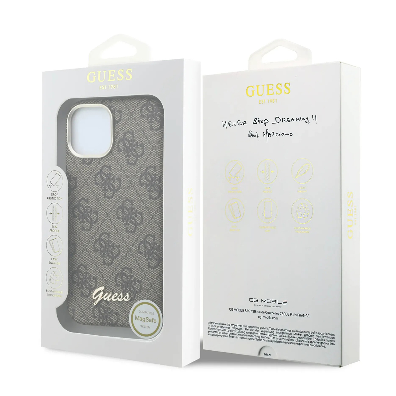 Funda Guess con estampado de monograma en caja blanca con texto.