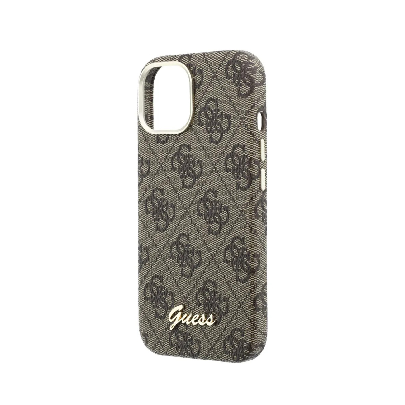 Funda de teléfono marrón con logo Guess y estampado monograma.
