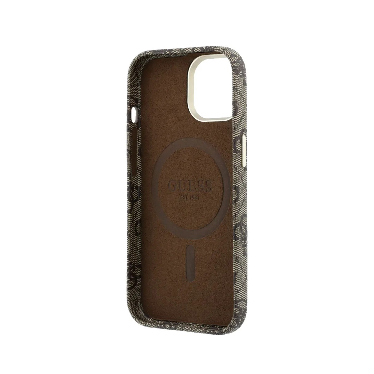 Funda de móvil marrón con logo y estampado Guess, recorte blanco arriba.