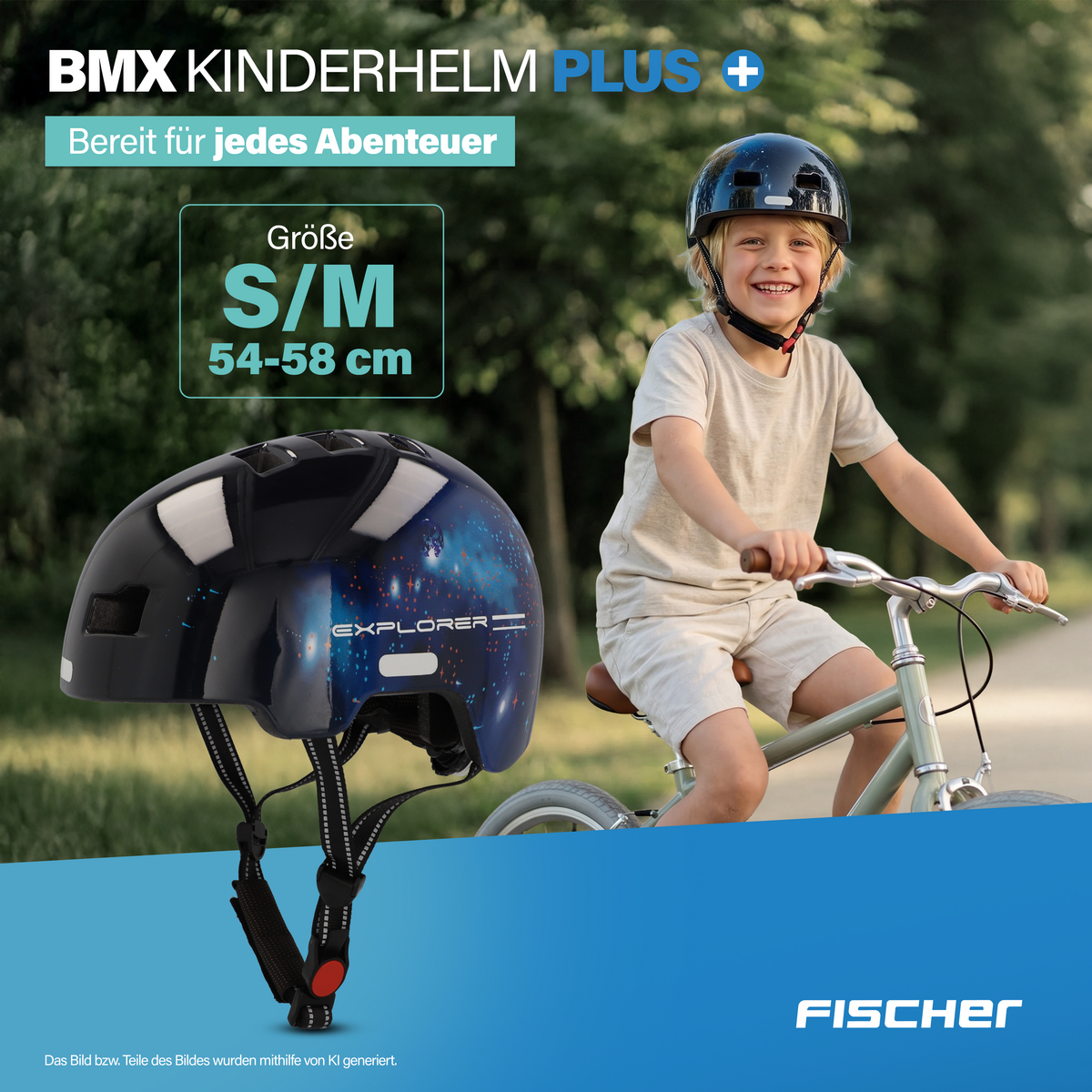 Ein Junge fährt Fahrrad mit einem blauen Helm mit Sternenmuster.
