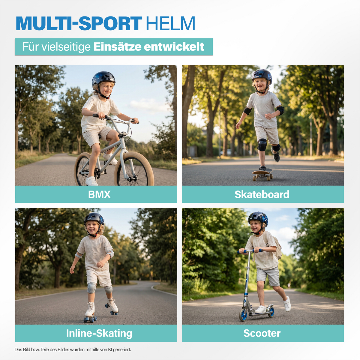 Junge fährt BMX, Skateboard, Inline-Skates und Roller, alle mit Helm.