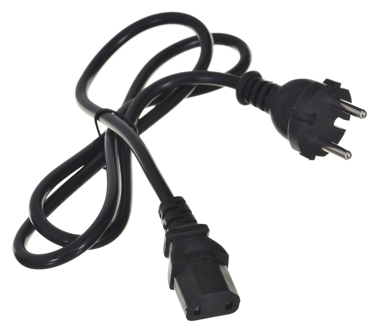 Cable de alimentación negro con enchufe y toma europeos, sobre fondo blanco.