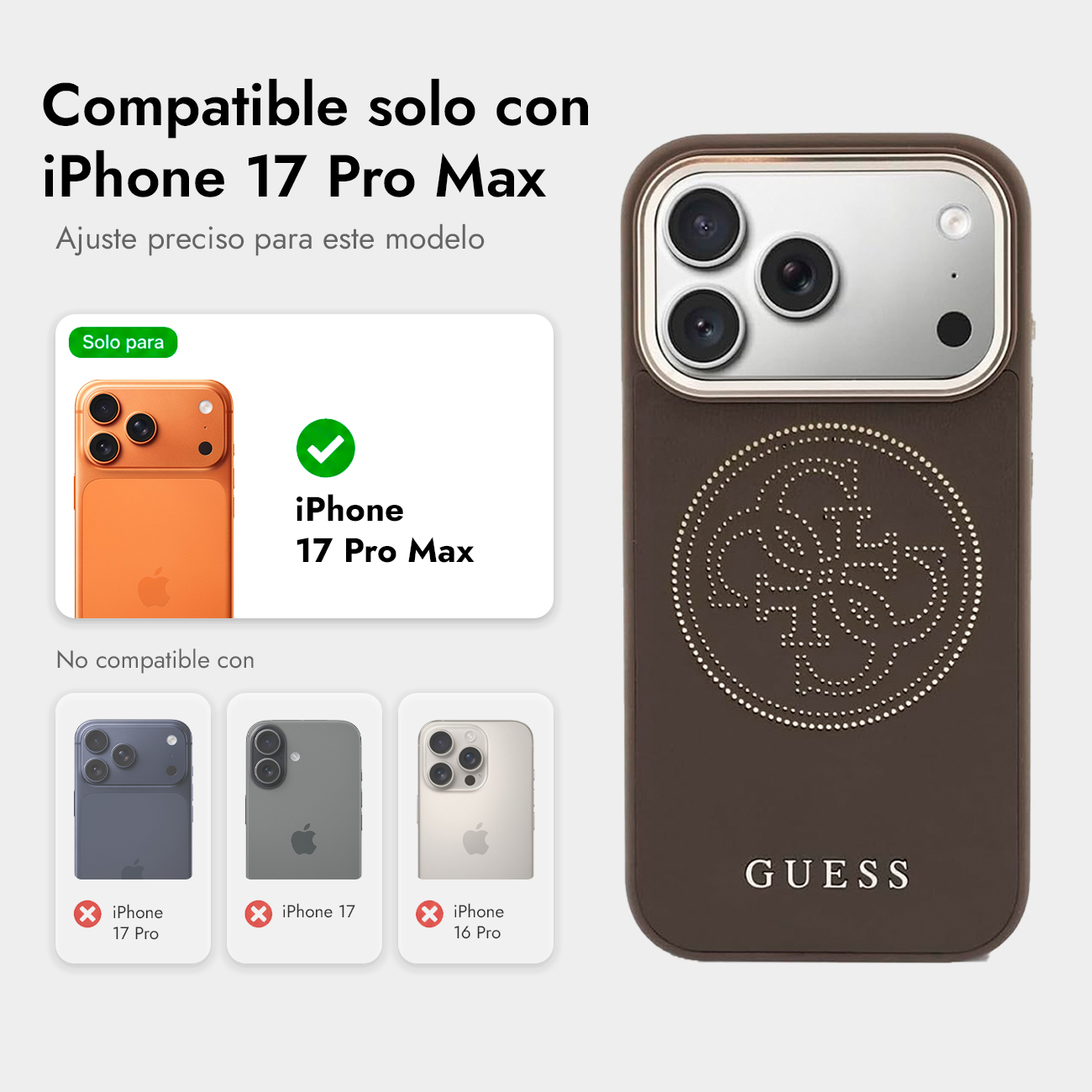 Funda Guess marrón para iPhone 17 Pro Max, solo compatible con este modelo.