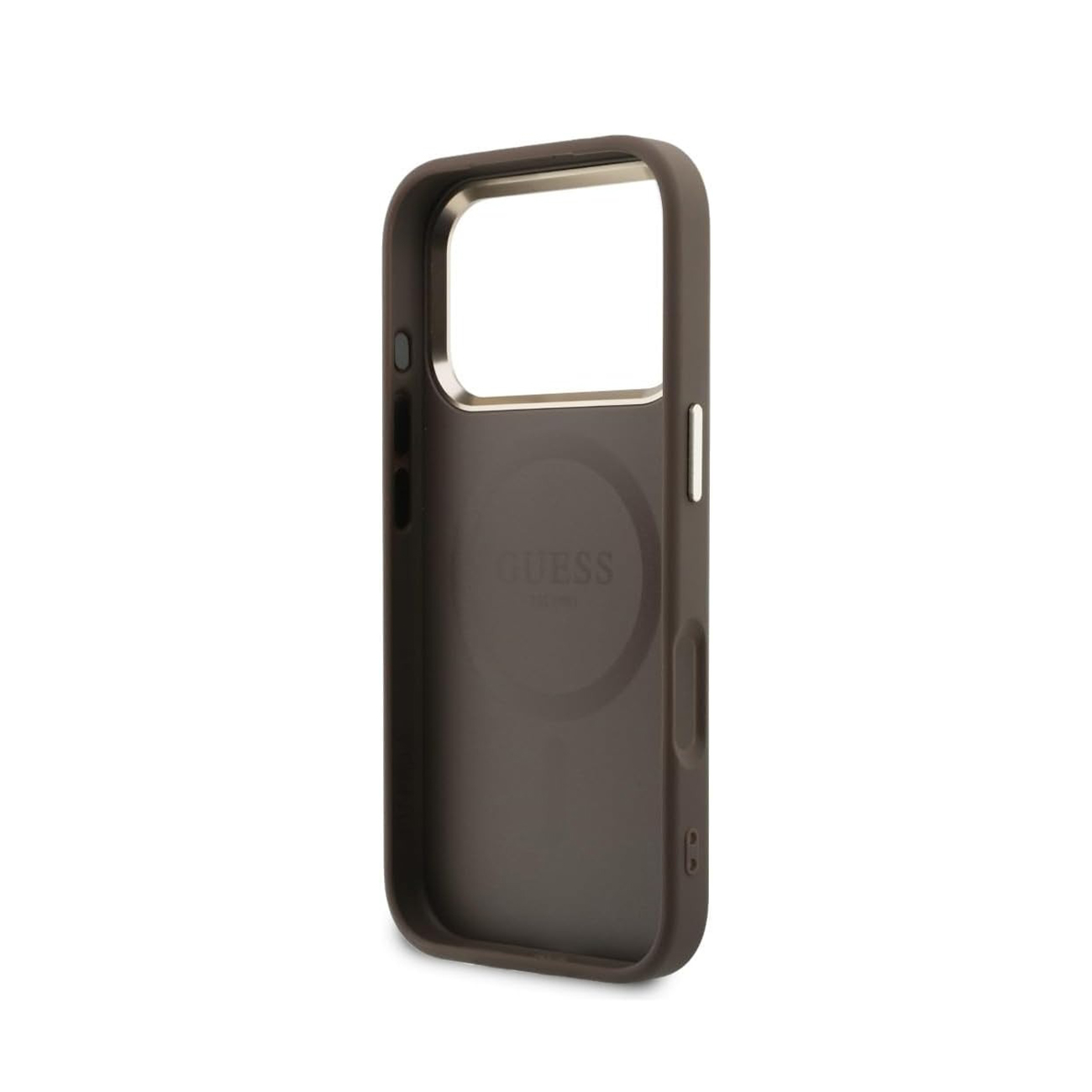 Funda de teléfono marrón oscuro con logo Guess en el interior.