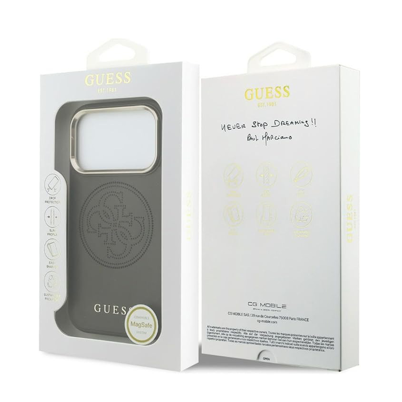 Funda Guess para teléfono con MagSafe, protección contra caídas y perfil delgado.