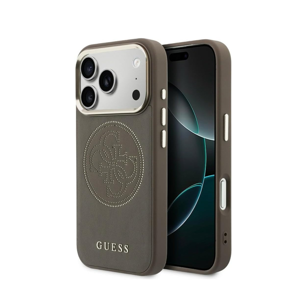 Funda de teléfono gris con logo Guess y bisel plateado para cámara sobre fondo blanco.