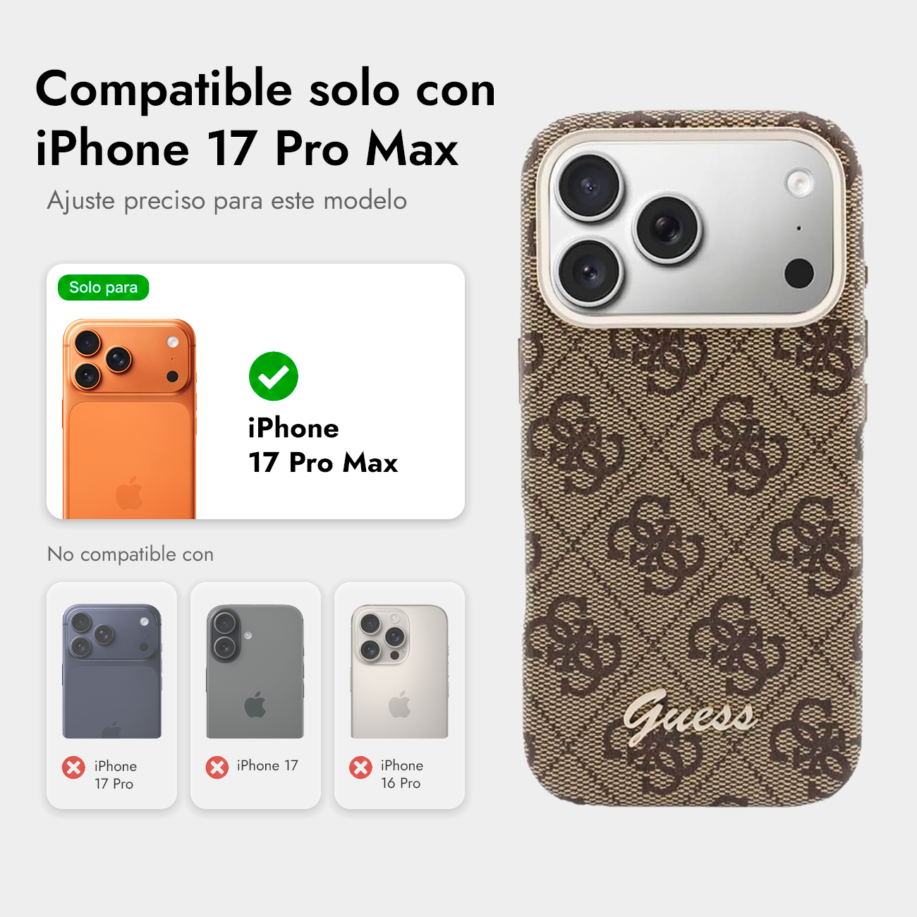 Una funda marrón Guess con estampado de logo para iPhone 17 Pro Max.