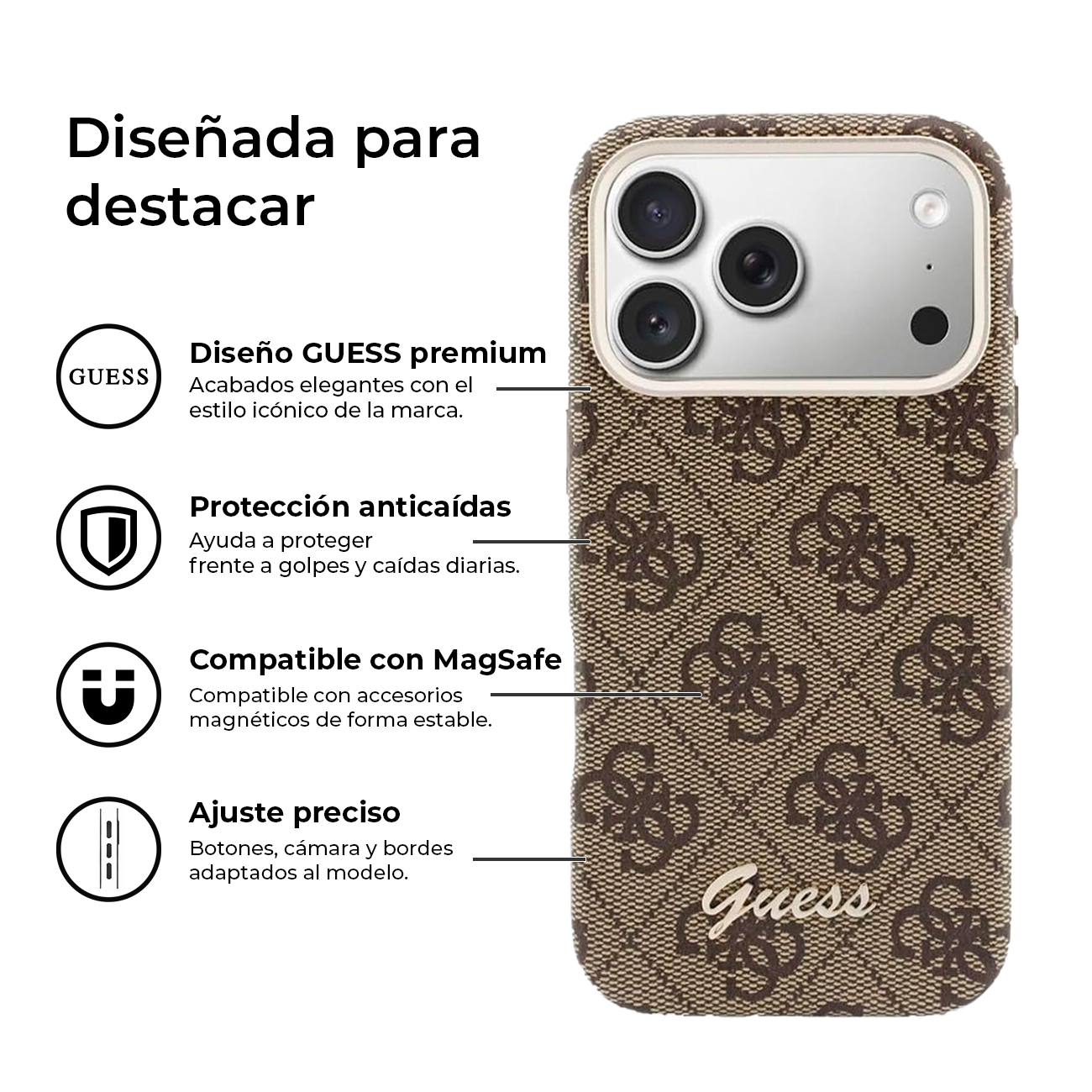Funda de teléfono Guess marrón con patrón de logo y recorte de cámara.