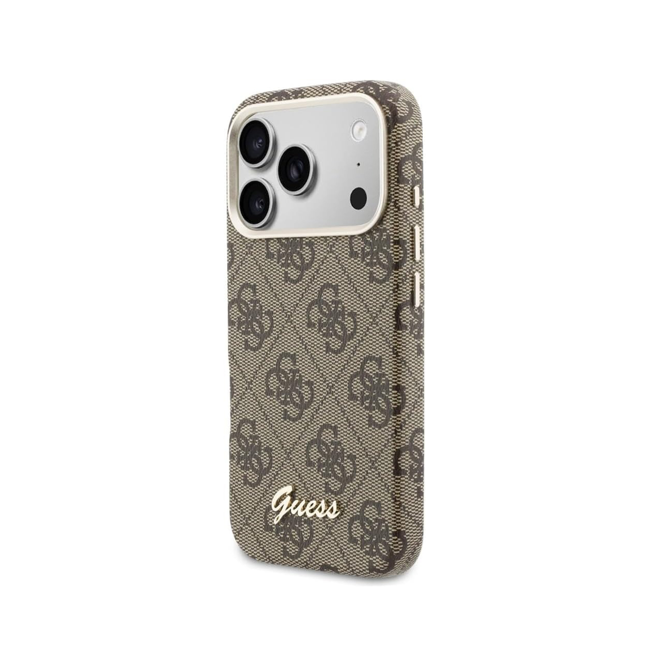 Funda marrón Guess con monograma y tres lentes de cámara.
