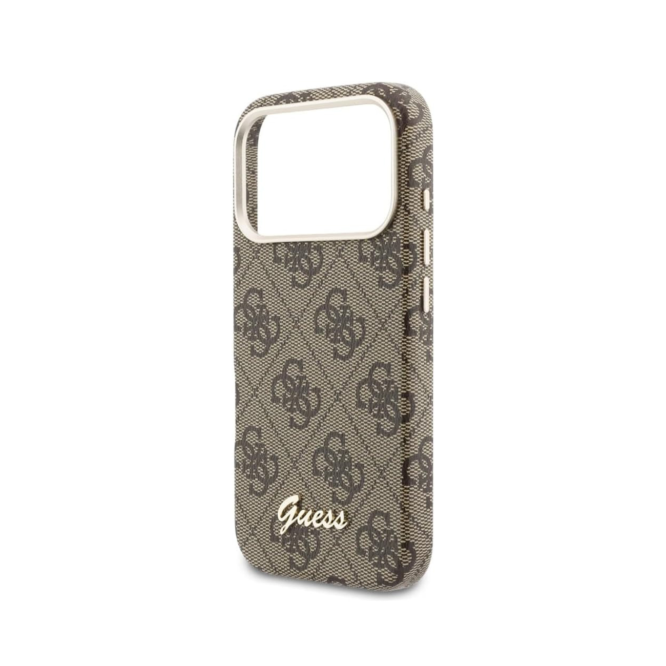 Una funda de teléfono Guess marrón con estampado de logo y borde plateado.