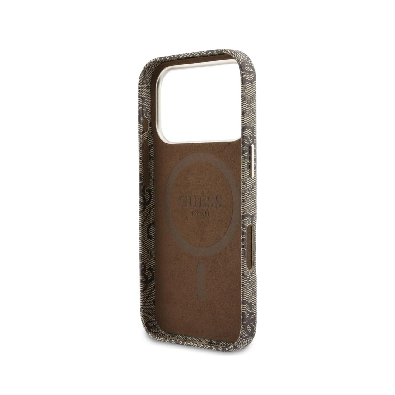 Funda marrón Guess con patrón de logo repetido y borde plateado.