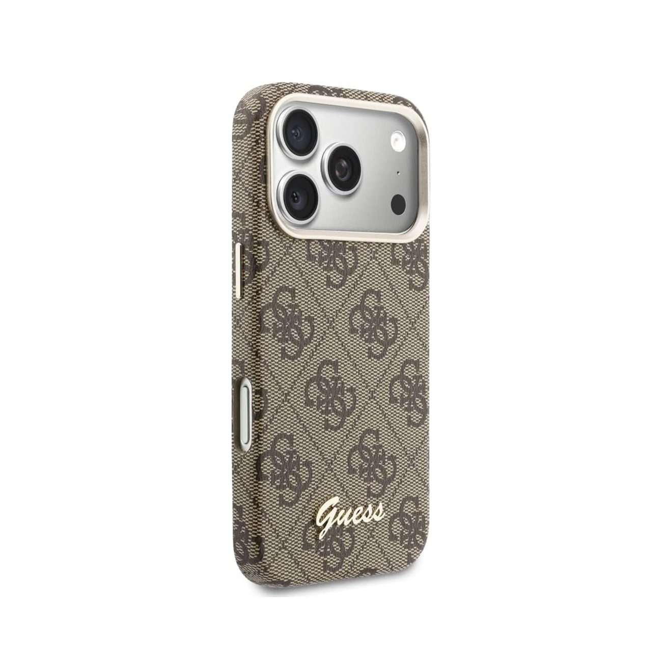 Funda marrón Guess para teléfono con monograma y módulo de cámara.