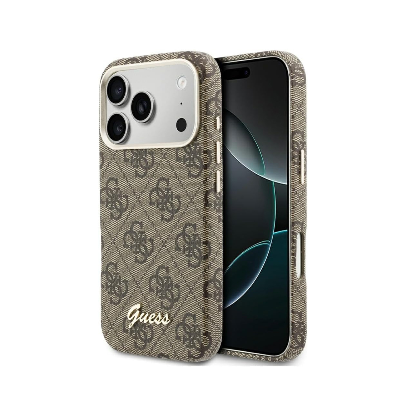 Funda marrón Guess con estampado de logo y letras doradas.